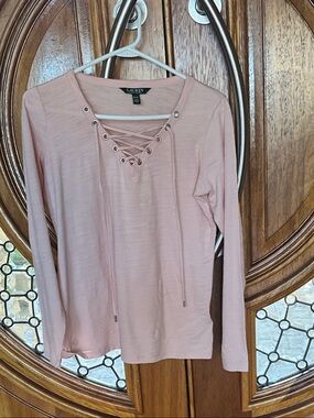Lauren Ralph Lauren Pale Pink Lace-Up Long Sleeve Tee